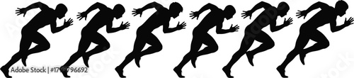 Silhouettes of runners in a line showcasing speed and competition on a white background
