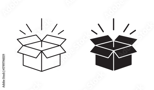 Open cardboard box icon with light rays illustration