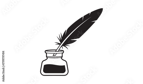 Black quill pen in an inkwell with black ink