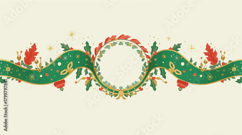 Vector illustration of a Christmas ribbon element in flat design style, featuring a modern and minimalist aesthetic, with bold lines, simple shapes, and a vibrant color