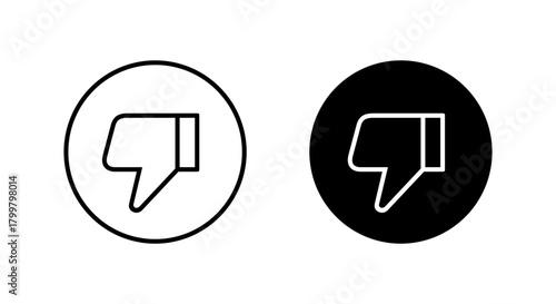 Thumb down outline icon in black circle. Dislike, disapproval, or bad rating symbol