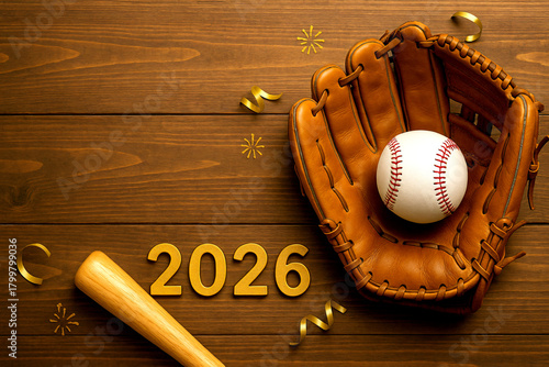 Baseball Glove Bat and Ball with 2026 New Year Celebration ,Generative ai