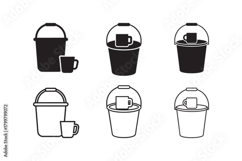 Bucket with mug silhouette and outline icon set