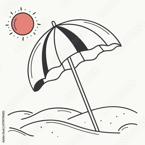 Hand drawn beach umbrella and sun on the sand isolated on