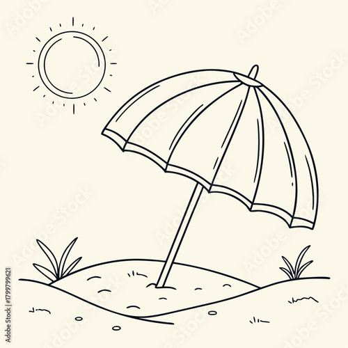 Hand drawn beach umbrella and sun on the sand isolated on
