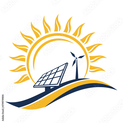 Solar panel with sun and wind turbine isolated on