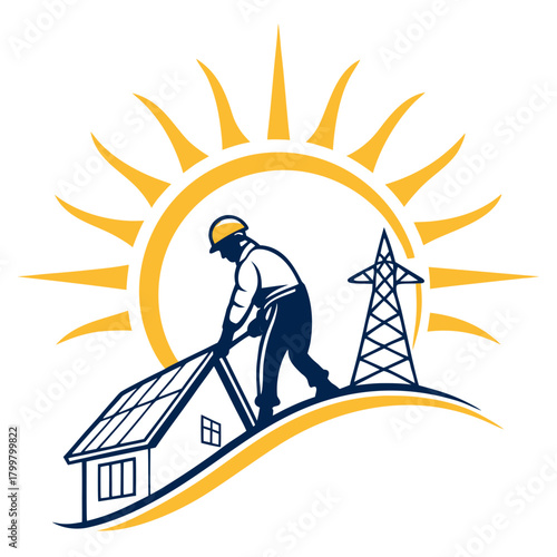 Solar panel installer installing photovoltaic panel on house isolated on