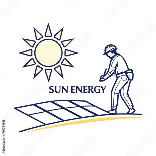 Solar energy worker installing photovoltaic panels isolated on