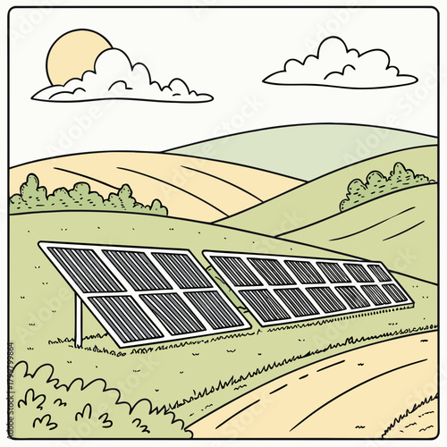 Illustration of solar panels in a field with hills and sun in the sky