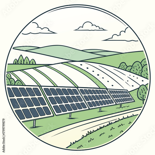Illustration of solar panels in a field with hills and sun in a circle frame