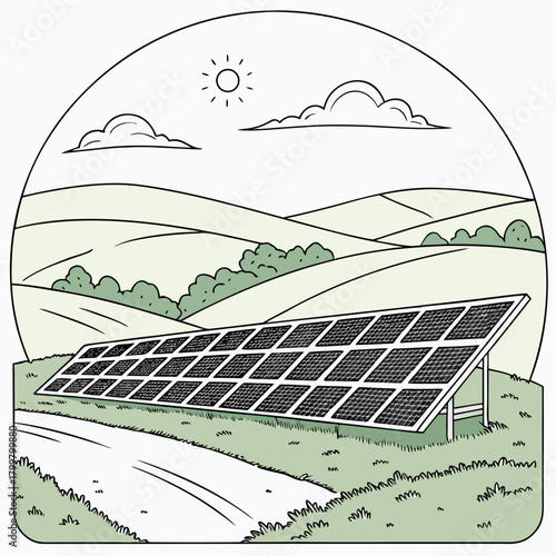 Solar panel farm in countryside landscape isolated on