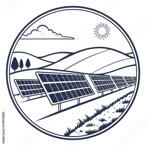 Illustration of solar panels in a field with hills and sun in a circle frame