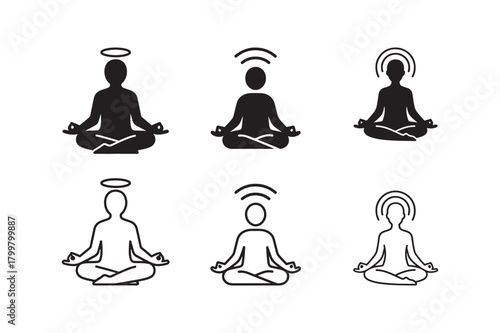 Meditation app screen silhouette with outline wellness icon set