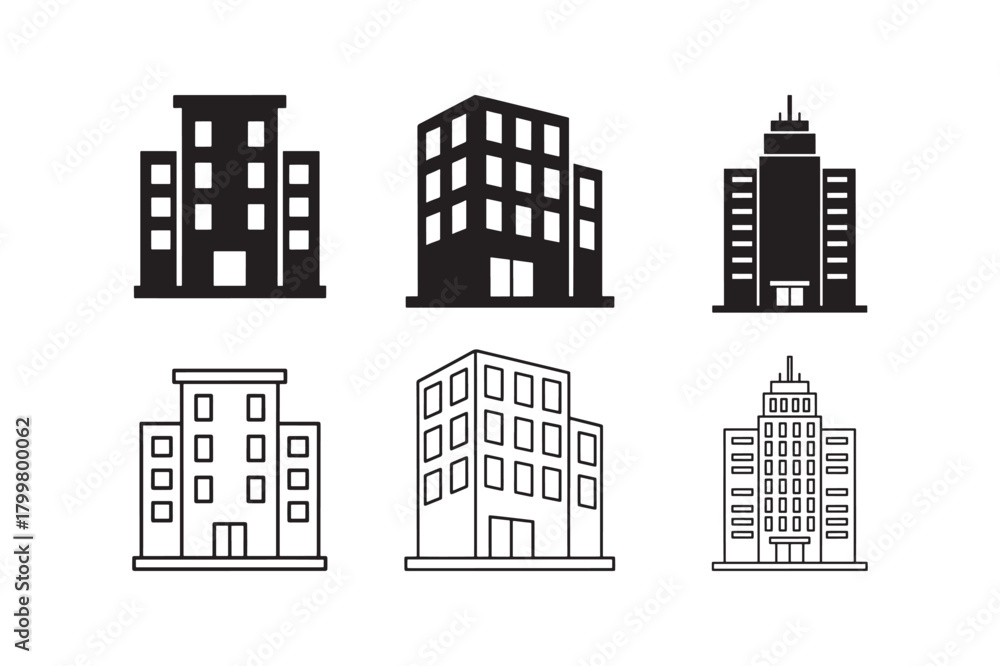Fototapeta premium Office building silhouette and outline corporate icon set