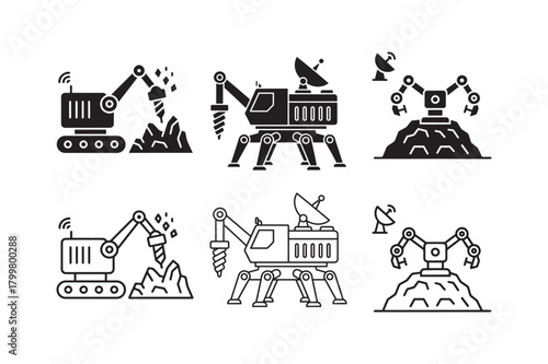 Remote mineral mining silhouette with outline extraction icon set