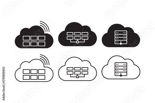 Server cloud representation silhouette with outline tech icon set