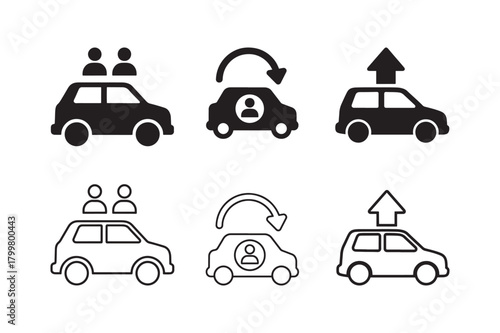 Sharing economy rideshare symbol silhouette and outline icon set