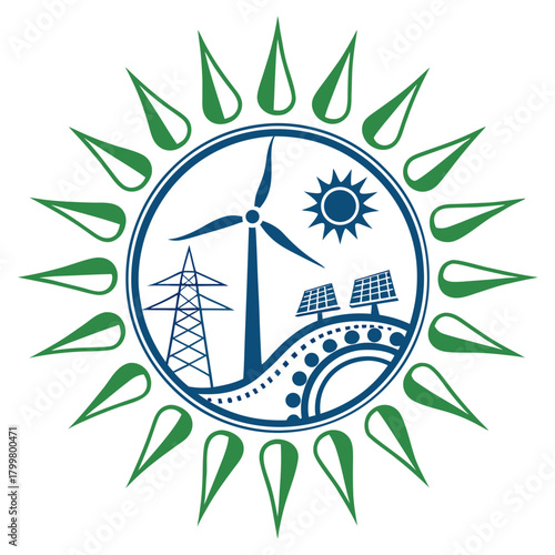 Renewable energy sources logo with wind turbine and solar panels isolated on