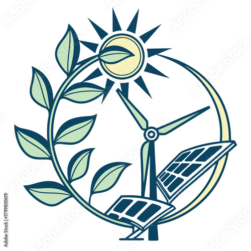 Renewable energy sources with wind turbine, solar panel and plant isolated on