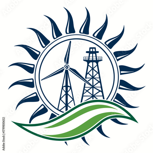 Renewable energy sources with wind turbine and oil rig isolated on