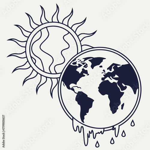 Global warming concept with melting earth and sun isolated on