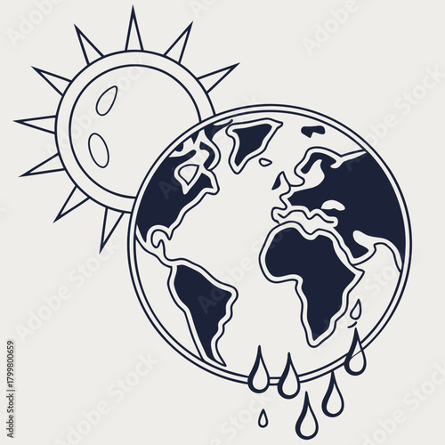 Global warming concept with melting earth and sun isolated on