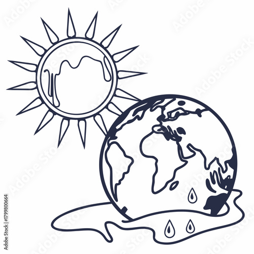 Global warming illustration with melting sun and earth isolated on