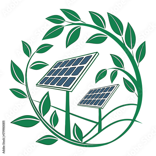 Solar panel concept with leaves isolated on