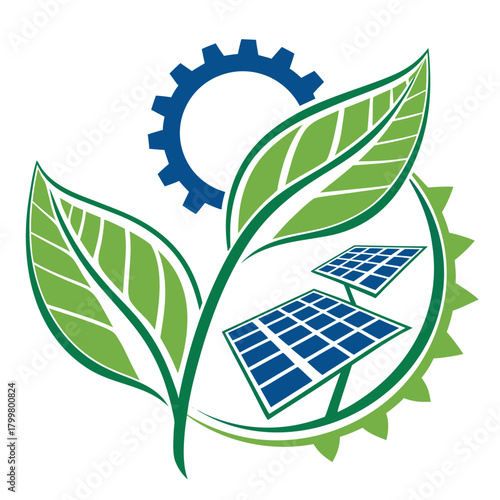 Renewable energy sources represented by leaves, solar panel and gear isolated