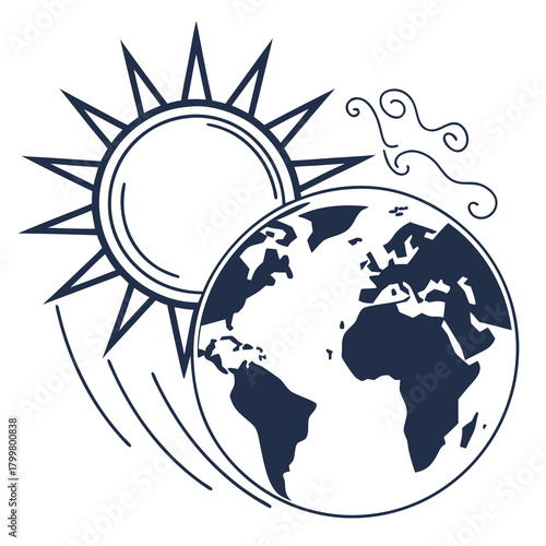 Global warming concept showing the earth, sun, and wind isolated on