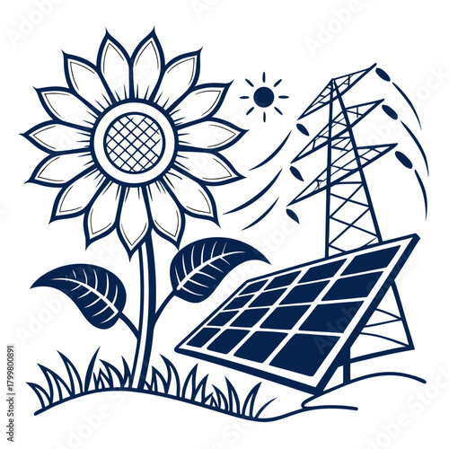 Renewable energy sources represented by sunflower, solar panel and power line