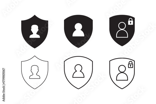 User privacy shield silhouette with outline security icon set