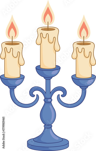Three lit candles on a blue candelabra light flame