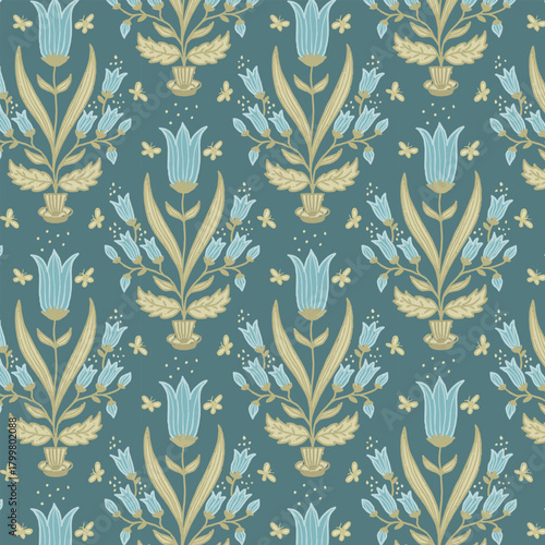 Elegant blue floral pattern with gold leaves and teal tulips in a refined vintage botanical style
