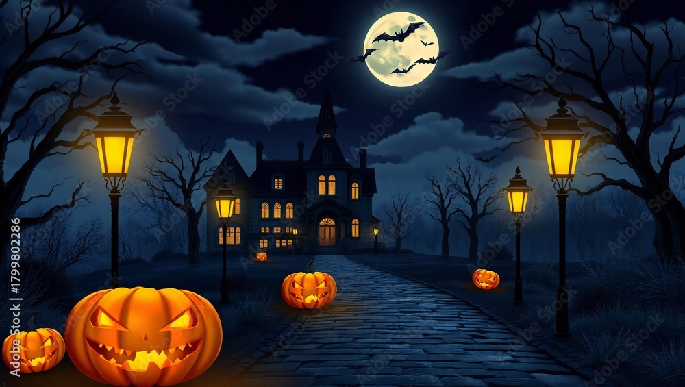 Fototapeta premium Spooky halloween night scene with jack-o'-lanterns and a haunted house under a full moon white background