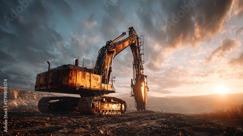 Industrial excavator silhouetted against sunset sky: A powerful image of construction.