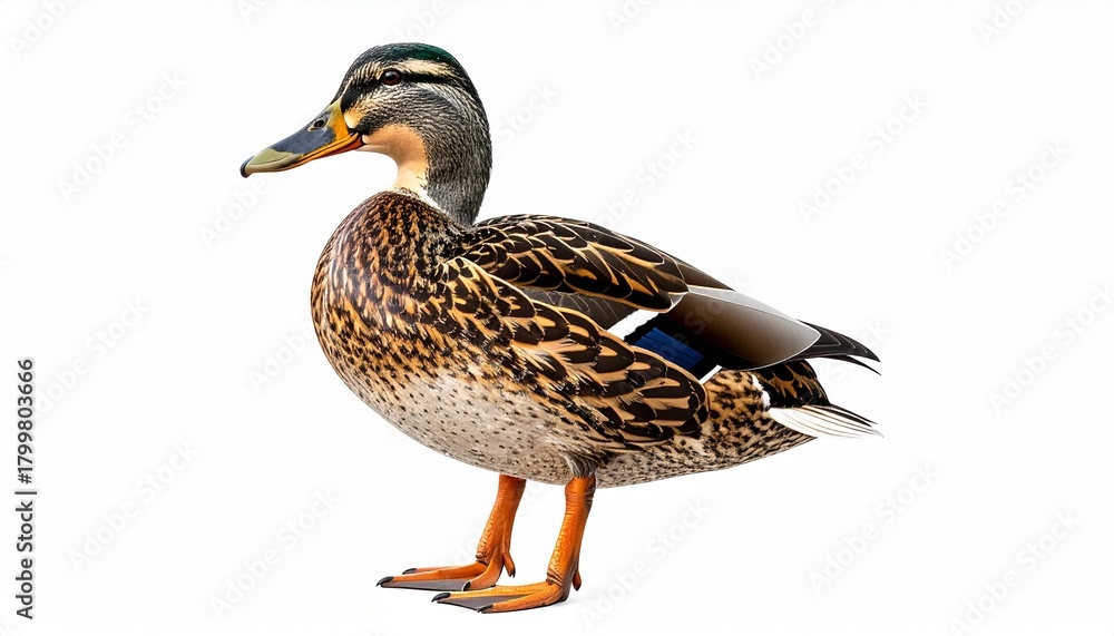 Fototapeta premium A single duck standing in profile on a clean white background, isolated with detailed feathers and natural plumage.