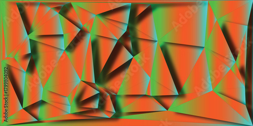 Abstract geometric low poly background with vibrant orange and green gradient and dark shadow effects creating a dynamic 3D visual texture