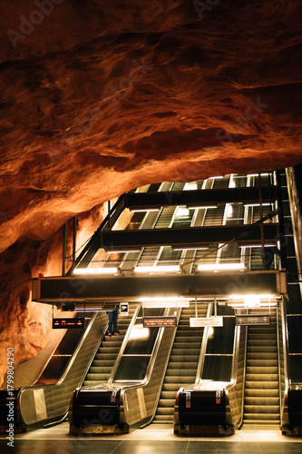 View of escalators on the Radhuset metro station Stockholm.