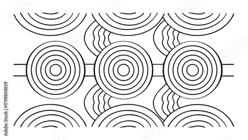 Black and White Aboriginal Dot Art Style Concentric Circles Pattern abstract border