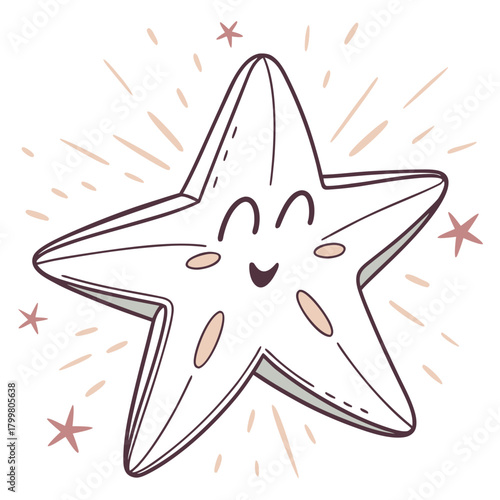 Cute happy star character with blush cheeks and radiating light