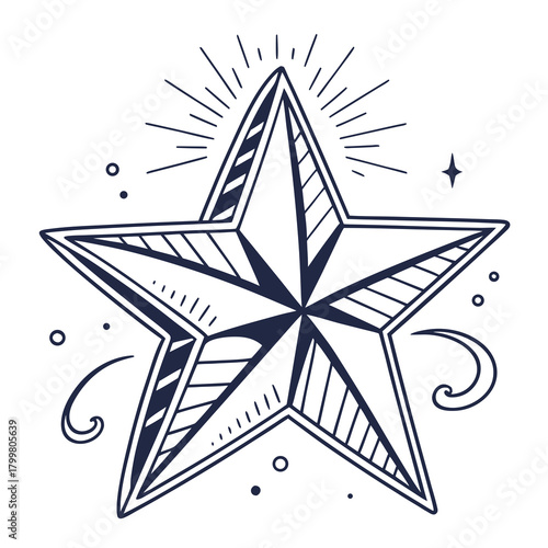 Nautical star tattoo design with swirls and sparkles