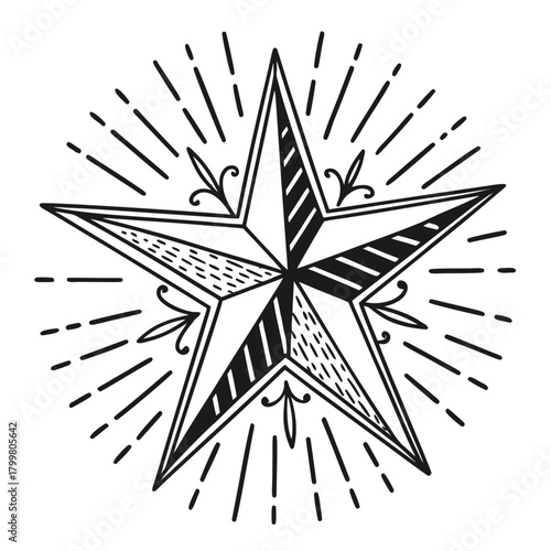 Nautical star with sunburst and decorative elements