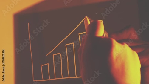A close-up shot of a hand drawing an upward-trending bar and line graph on a dark surface, bathed in warm, orange light.