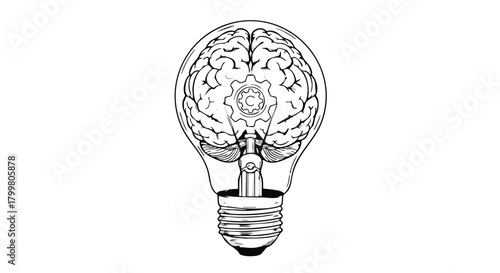Hand drawn concept illustration of brain inside lightbulb with gear creativity and ideas