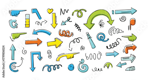 Colorful collection of hand drawn doodle arrows pointing hands pointing fingers and spiral shapes