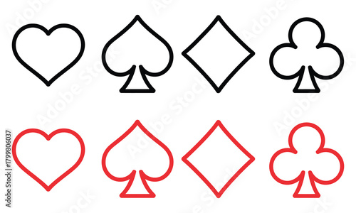 Black and Red Playing Card Icons – Hearts, Spades, Diamonds, Clubs Illustration, Classic and Poker Symbols, Gaming Vector, Card Suit Set, Gambling and Card Game Artwork