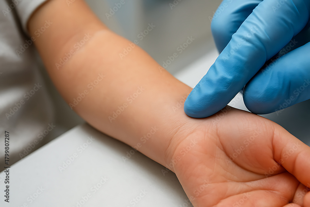 Obraz premium A gloved medical professional gently palpates a child’s wrist during a routine health assessment, capturing the soft skin texture and careful clinical touch in a clean healthcare setting.