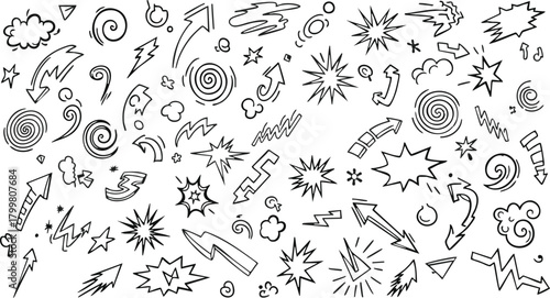 Set of hand drawn design elements arrows lightning bolts spirals explosion shapes vector illustration