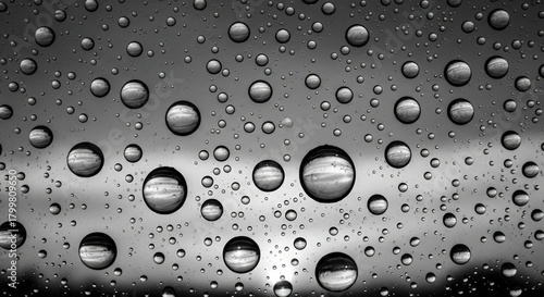 Close-up view of many clear water droplets of various sizes on a smooth, reflective surface in grayscale.